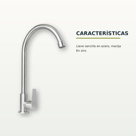Llave sencilla de pared en acero cromado con manija de zinc