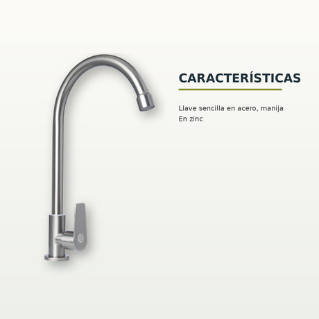 Llave sencilla de pared en acero cromado con manija de zinc lateral