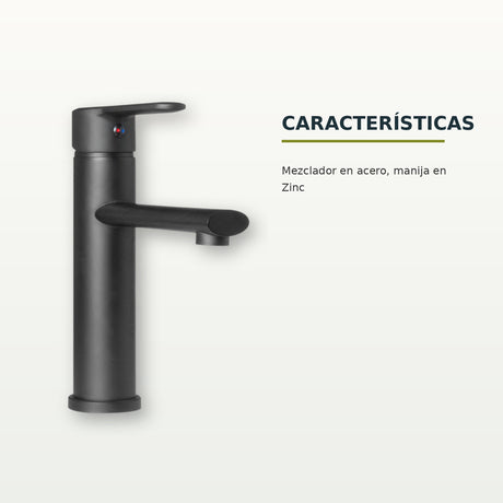 Mezclador para lavamanos en acero negro con manija de zinc