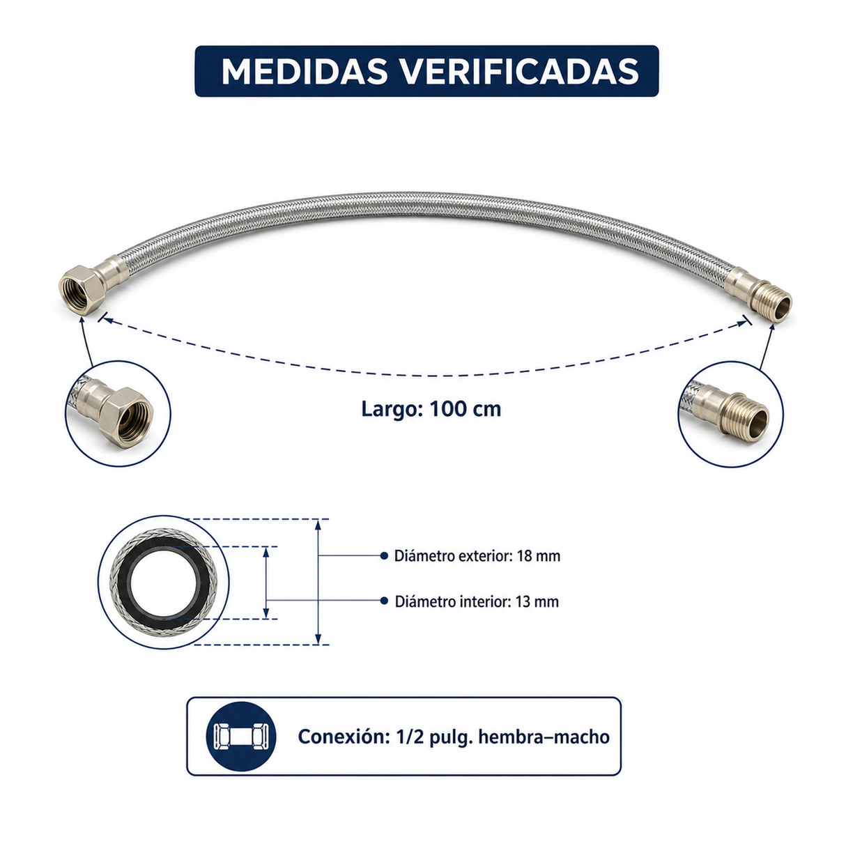 Medidas verificadas de la manguera flexible: largo de 100 cm y diámetros exterior e interior