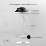 Ficha visual con dimensiones de la ducha eléctrica blanca y negra