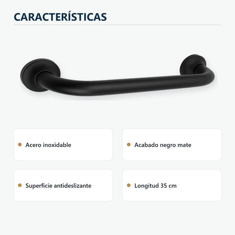 Barra de seguridad antideslizante de 35 cm en acero inoxidable negro mate