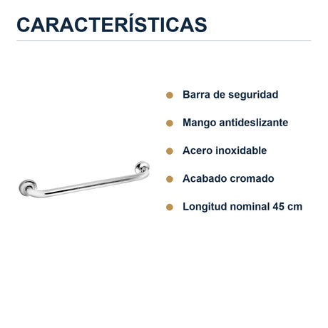 Barra de seguridad antideslizante de 45 cm en acero inoxidable cromado