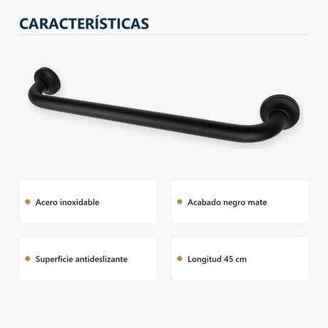 Barra de seguridad antideslizante de 45 cm en acero inoxidable negro mate