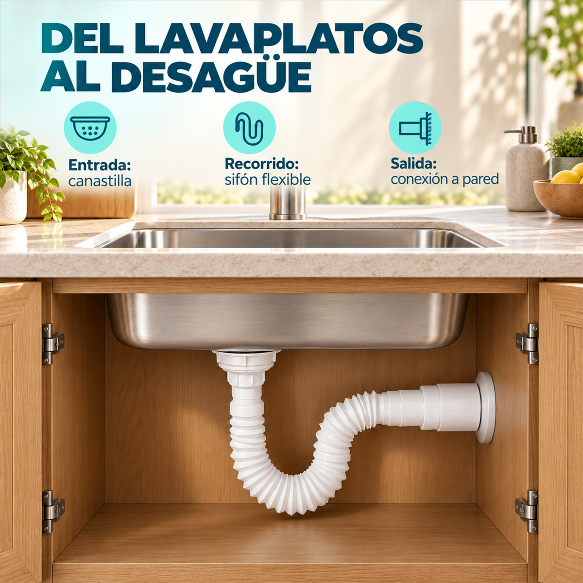 SCLP: instalación del sifón flexible bajo el lavaplatos