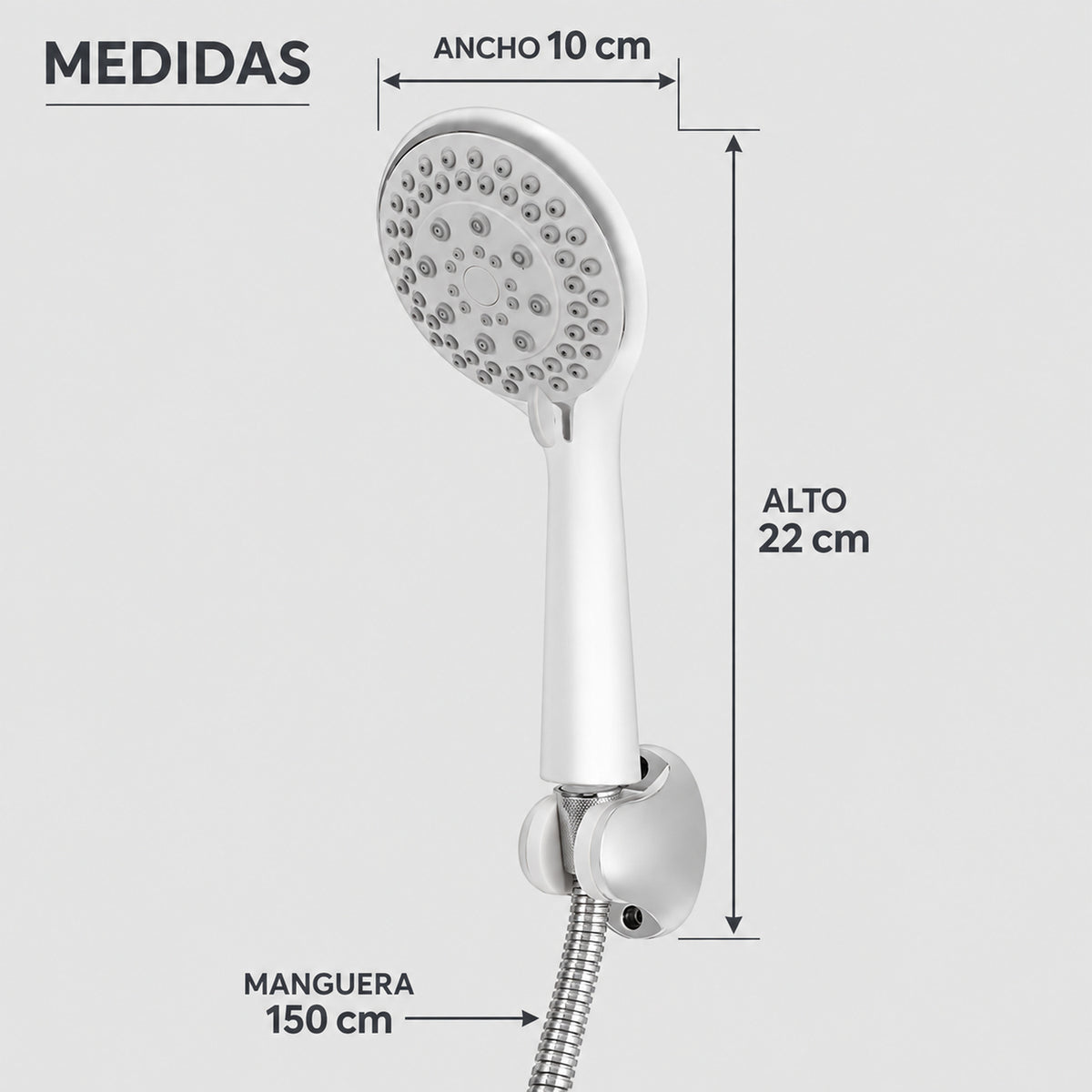 Medidas de teleducha: 22 cm de alto, 10 cm de ancho y manguera de 150 cm