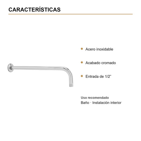 Tubo para Regadera de Pared de 37 cm en Acero Inoxidable Cromado