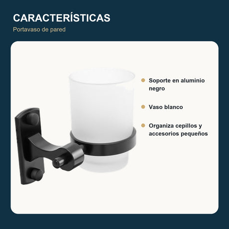 Portavaso mural en aluminio negro con vaso blanco