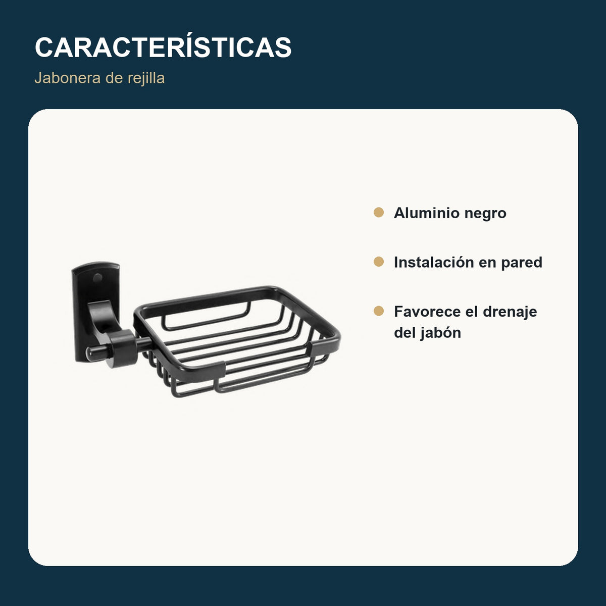 Características de la jabonera de rejilla en aluminio negro