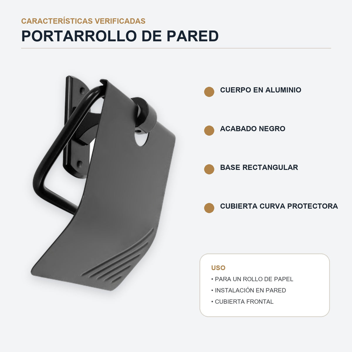 Características del portarrollos en aluminio negro con cubierta frontal
