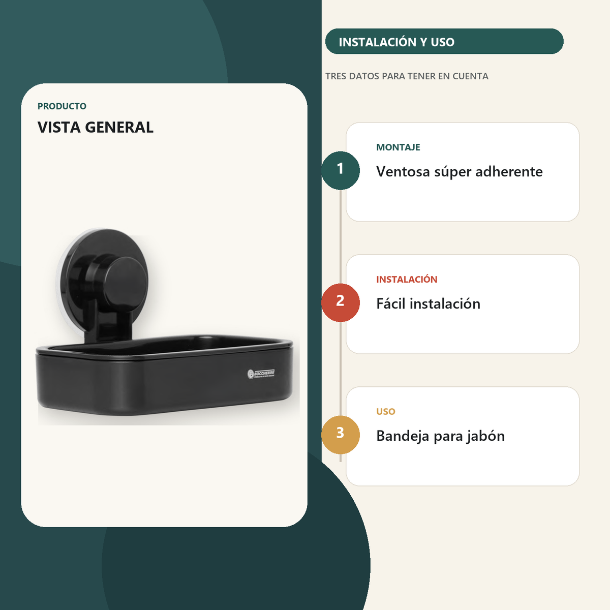 Información de instalación y uso de jabonera de baño con ventosa
