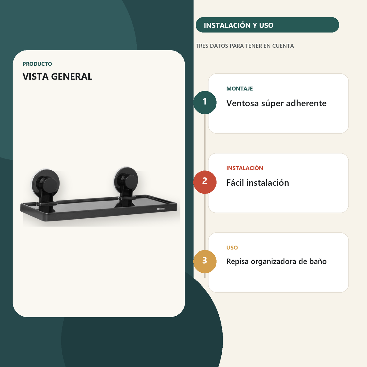 Información de instalación y uso de repisa organizadora de baño
