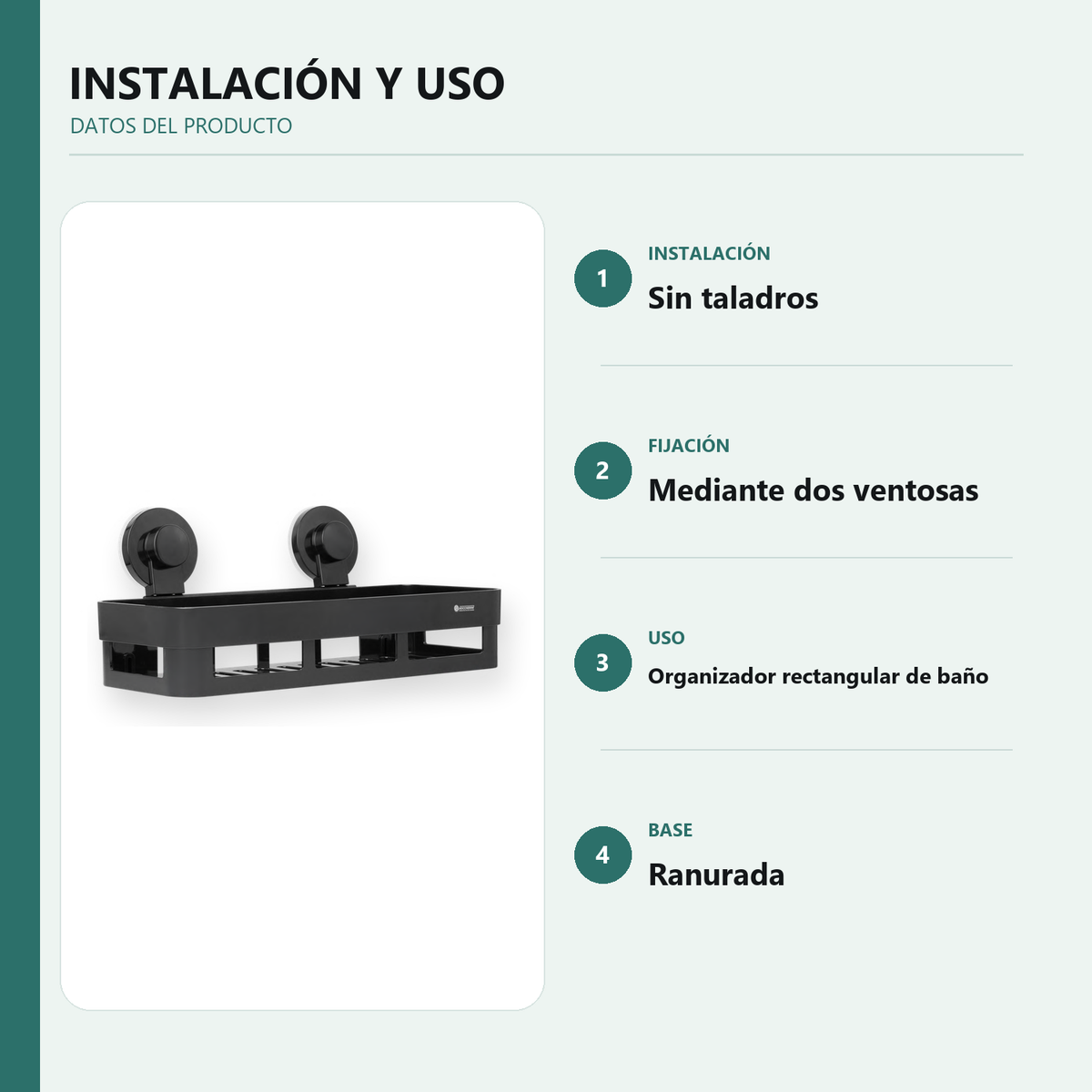 Información de instalación y uso de organizador rectangular de baño