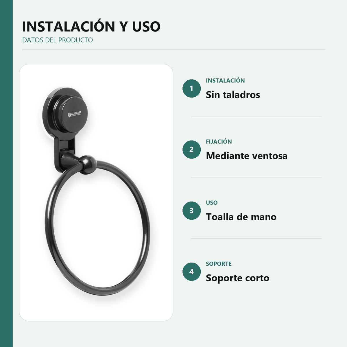 Información de instalación y uso de toallero de aro con ventosa