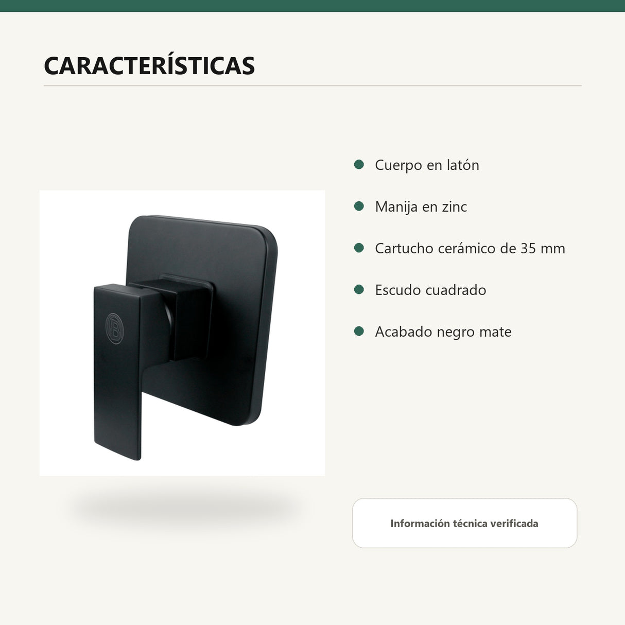Registro monocontrol negro en latón con escudo cuadrado características verificadas