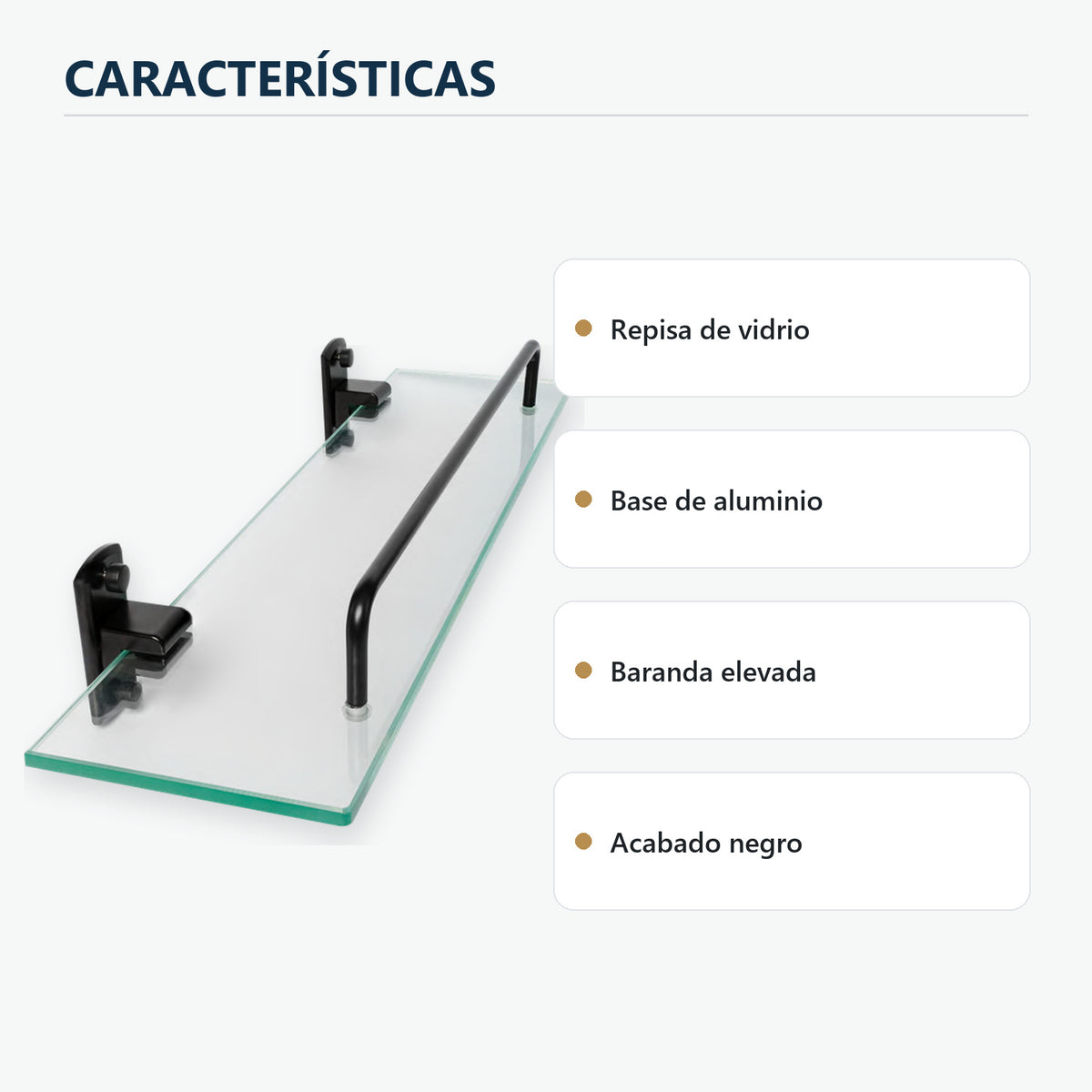Repisa de vidrio con soportes negros de aluminio caracter�sticas principales del producto
