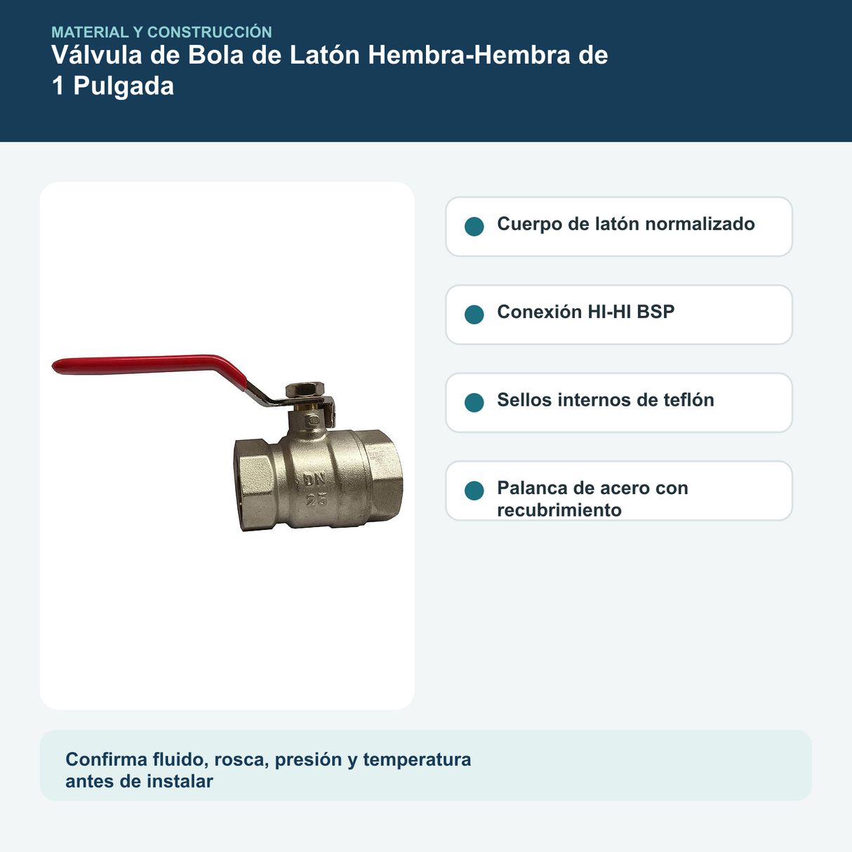 Materiales y construcción verificados del válvula de bola de latón hembra-hembra de 1 pulgada