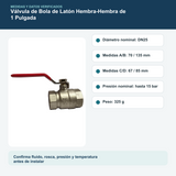 Medidas y datos verificados del válvula de bola de latón hembra-hembra de 1 pulgada