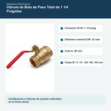 Medidas y datos verificados del válvula de bola de paso total de 1 1/4 pulgadas
