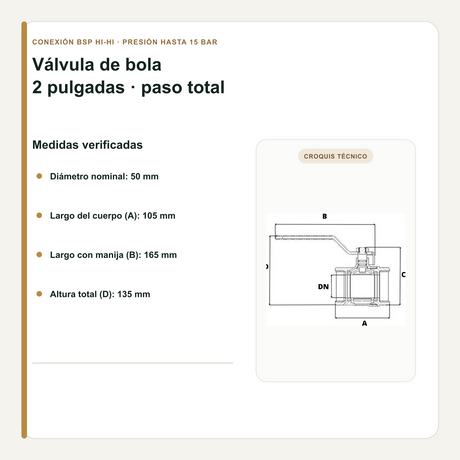 Válvula de Bola HI-HI en Latón Paso Total 2 Pulgadas