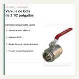 Materiales, sellos y presión de la válvula de bola de 2 1/2 pulgadas
