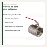 Materiales, sellos PTFE y presión de la válvula de bola de 4 pulgadas