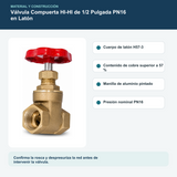 Válvula Compuerta HI-HI de 1/2 Pulgada PN16 en Latón: materiales y construcción verificados