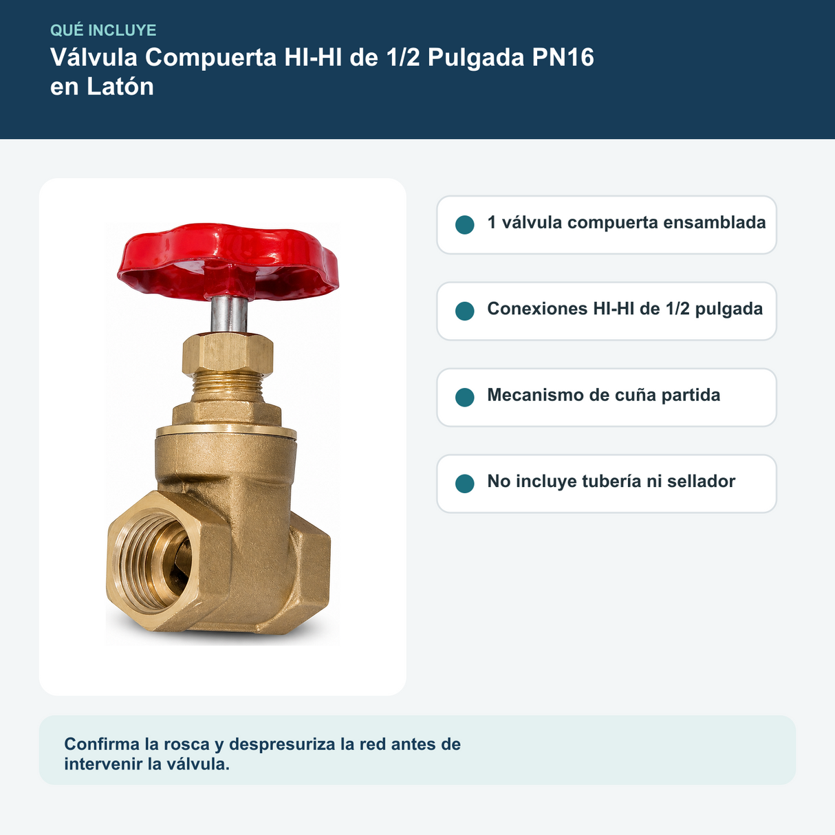 Válvula Compuerta HI-HI de 1/2 Pulgada PN16 en Latón: contenido y características