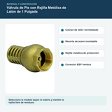 Materiales y construcción verificados del válvula de pie con rejilla metálica de latón de 1 pulgada