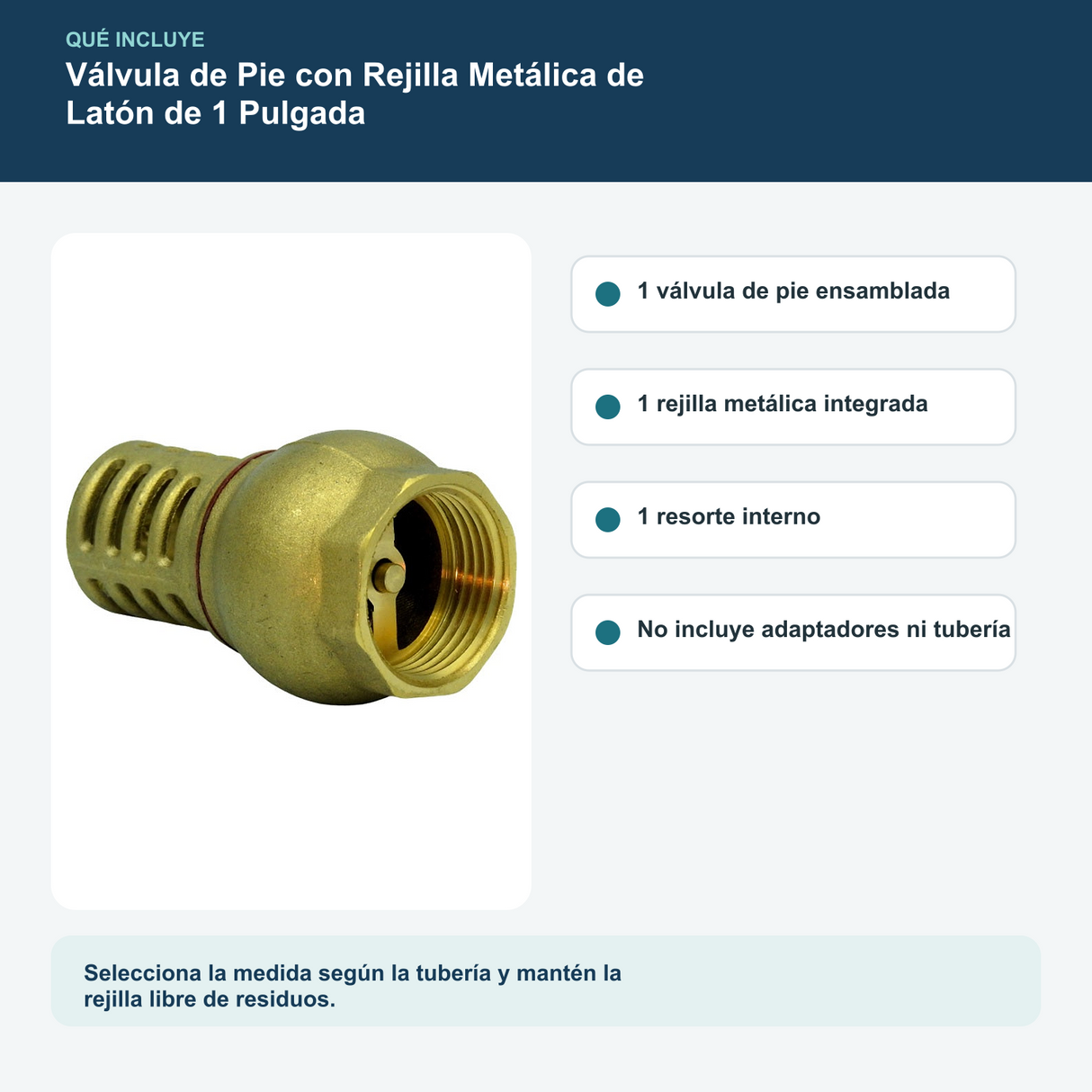 Contenido y características del válvula de pie con rejilla metálica de latón de 1 pulgada
