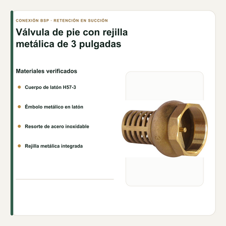 Válvula de Pie con Rejilla Metálica 3 Pulgadas en Latón