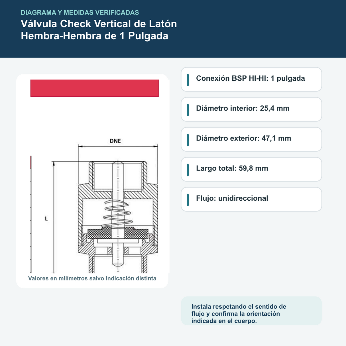 Diagrama o datos verificados del válvula check vertical de latón hembra-hembra de 1 pulgada