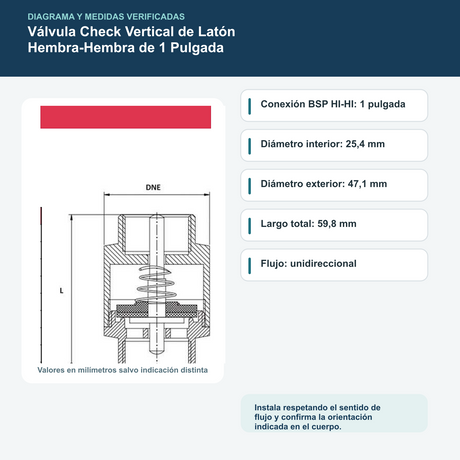Válvula Check Vertical de Latón Hembra-Hembra de 1 Pulgada