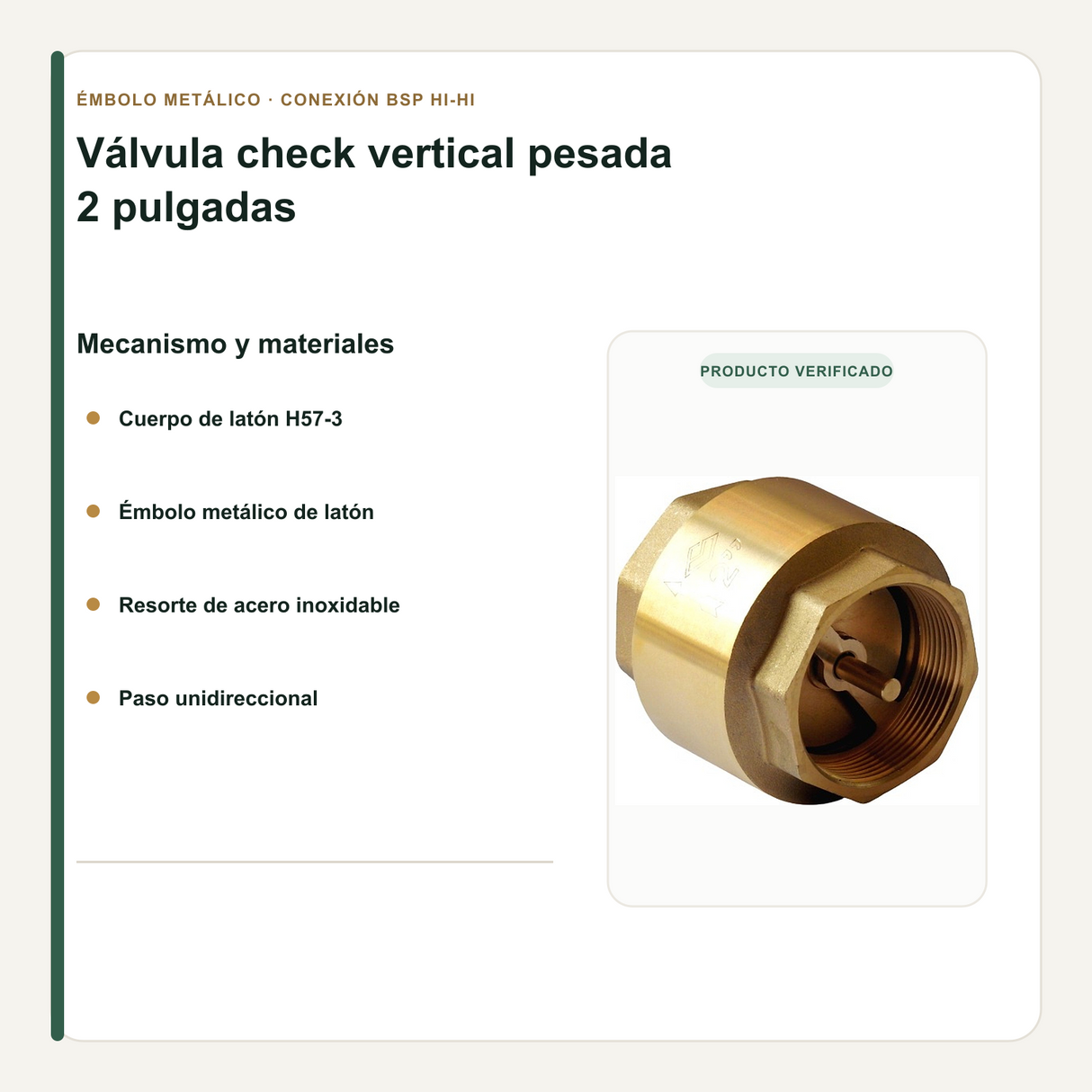 Émbolo, resorte y materiales de la válvula check vertical