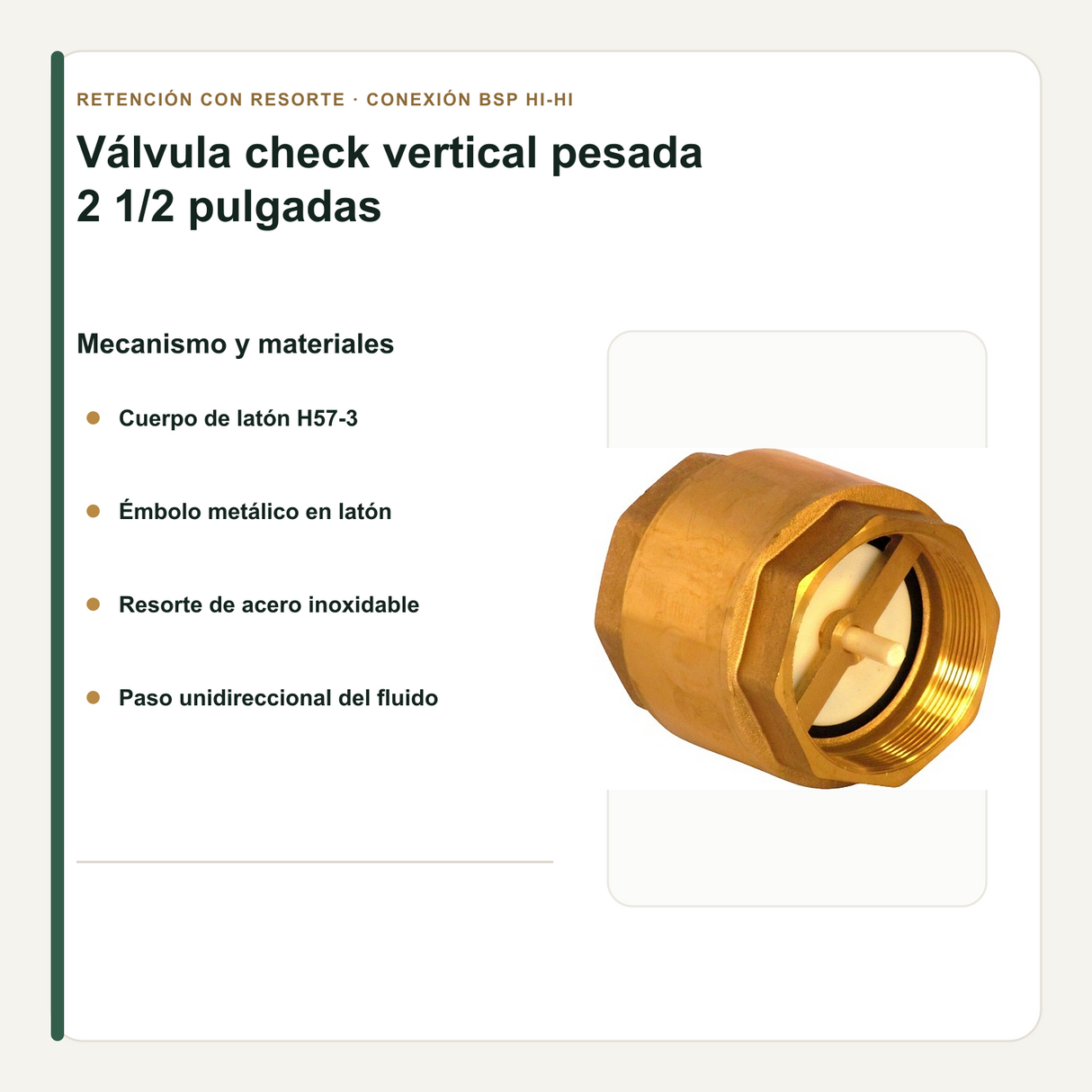 Émbolo, resorte y materiales de la válvula check vertical