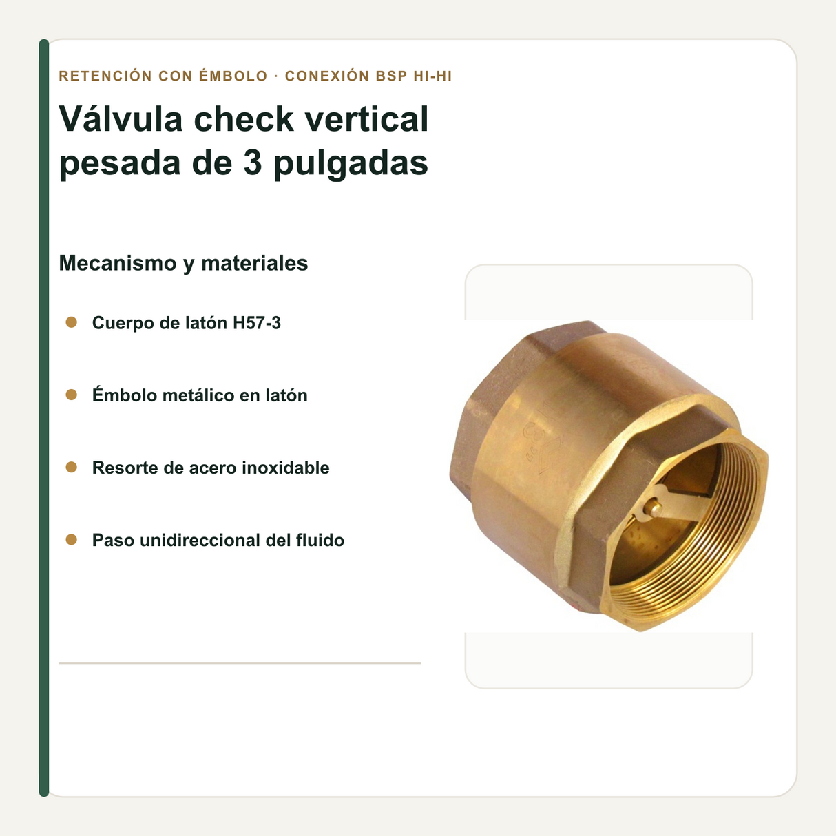 Émbolo, resorte y materiales de la válvula check vertical