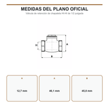 Croquis de válvula de retención con medidas H 12,7 mm, A 46,1 mm y B 45,8 mm