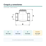 Croquis oficial con cotas H, A y B y conexiones 3/4 pulgada HI-HI NPT