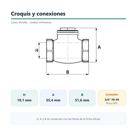 Válvula de Retención de Chapaleta 3/4 Pulgada HI-HI NPT en Latón
