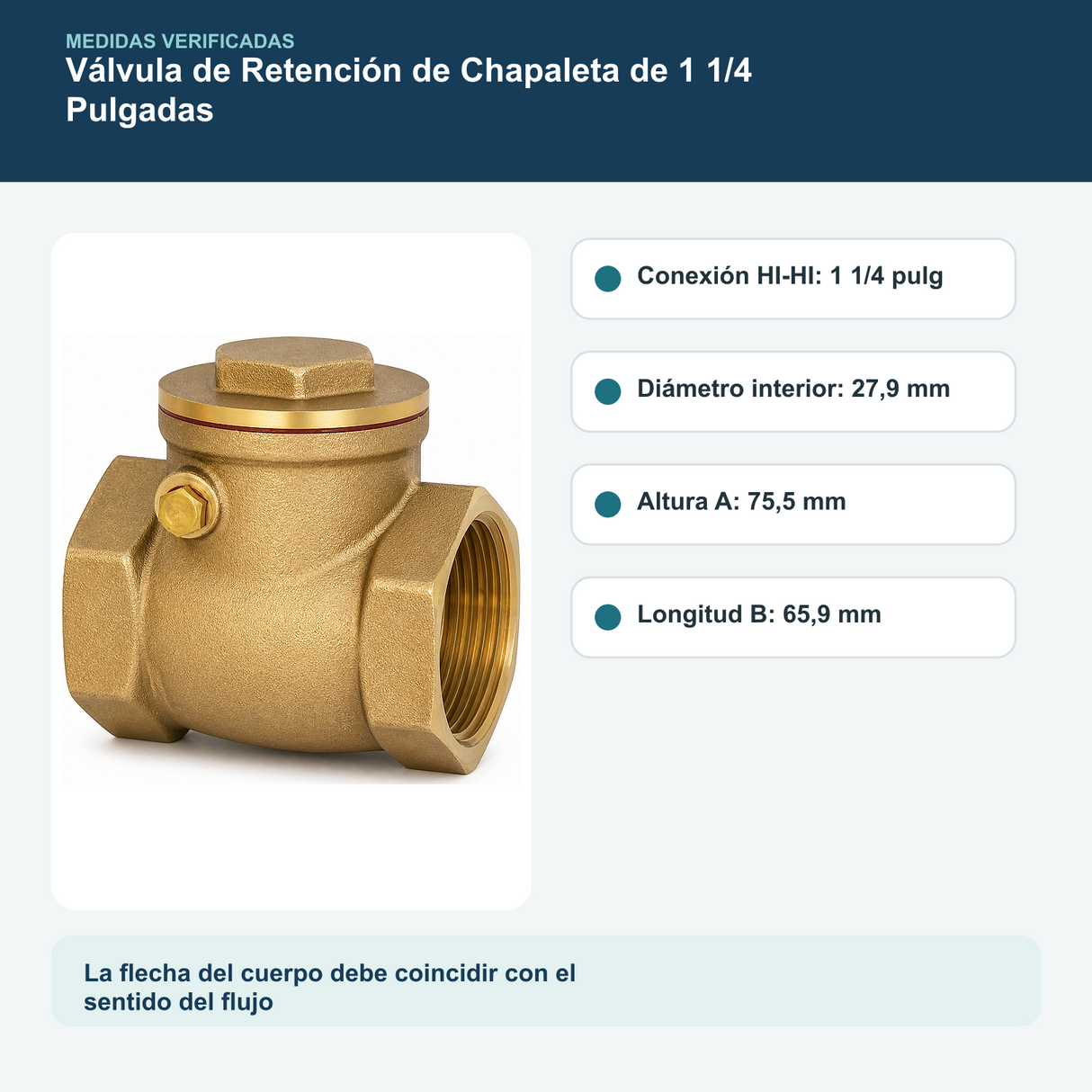 Medidas y datos verificados del válvula de retención de chapaleta de 1 1/4 pulgadas