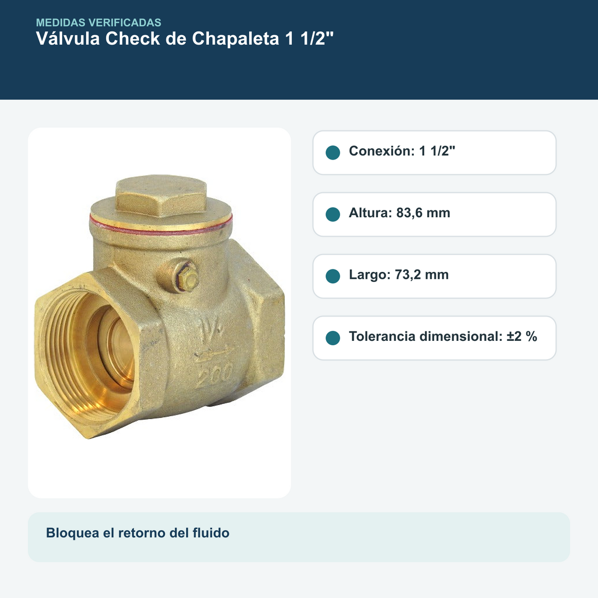 Medidas verificadas de la válvula check de chapaleta