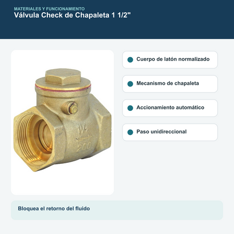 Válvula Check de Chapaleta de 1 1/2 Pulgadas en Latón