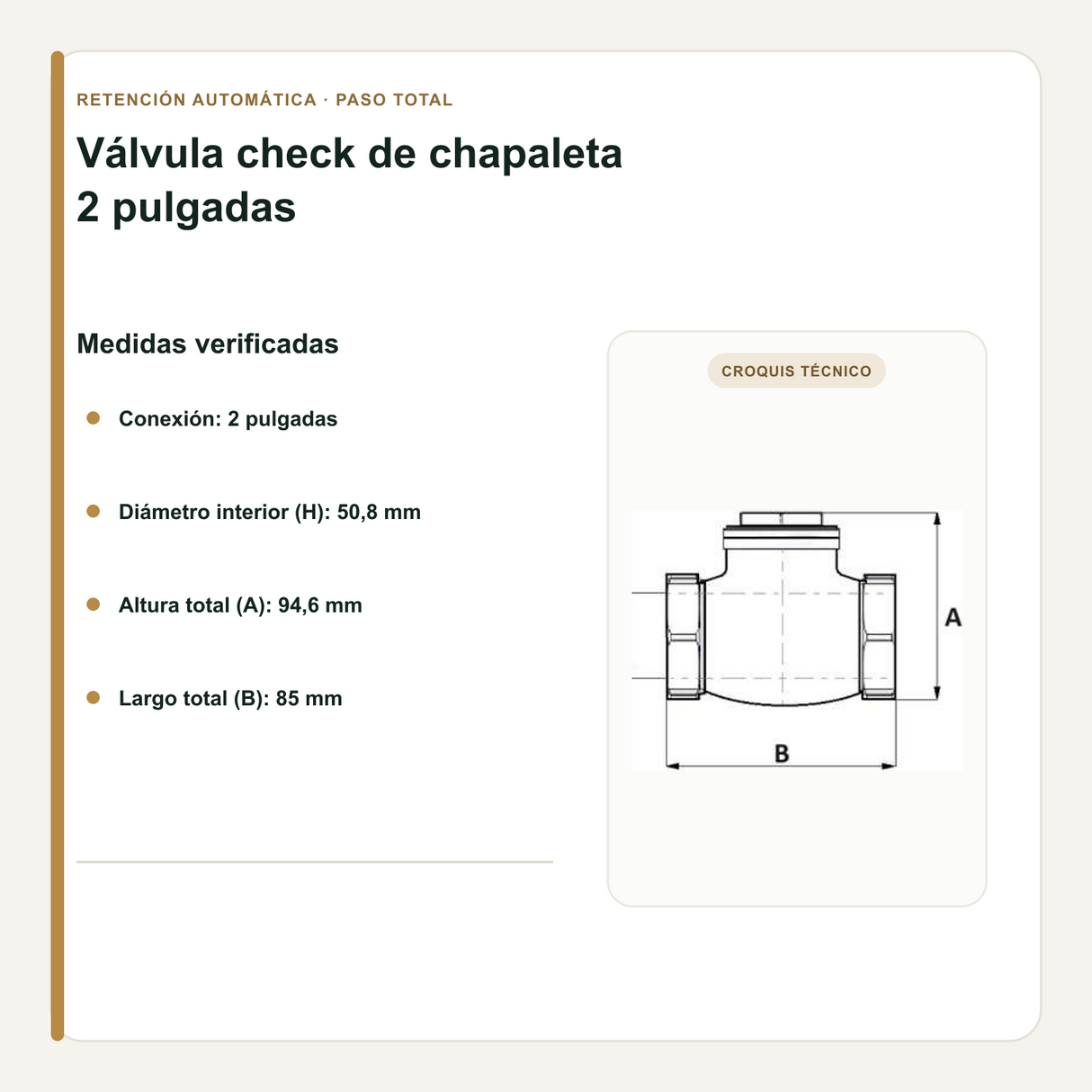 Medidas verificadas de la válvula check de chapaleta