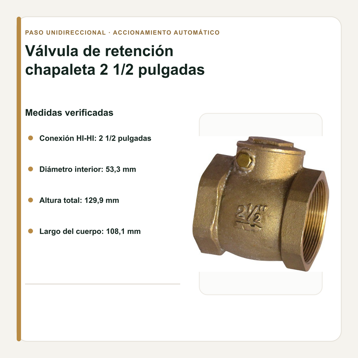Medidas verificadas de la válvula check de chapaleta