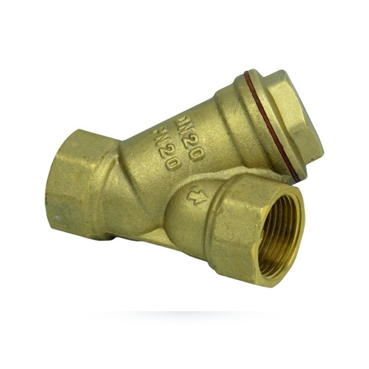Válvula Filtro Tipo Y de Latón de 3/4 Pulgada con Malla Inoxidable completo sobre fondo blanco profesional