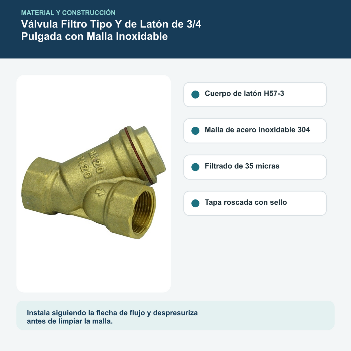 Materiales y construcción verificados del válvula filtro tipo y de latón de 3/4 pulgada con malla inoxidable