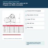 Diagrama o datos verificados del válvula filtro tipo y de latón de 3/4 pulgada con malla inoxidable