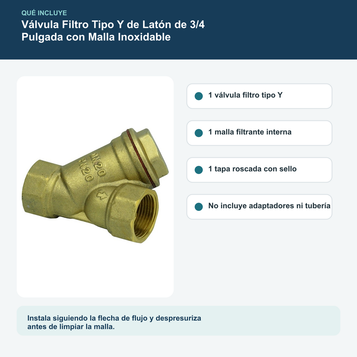 Contenido y características del válvula filtro tipo y de latón de 3/4 pulgada con malla inoxidable