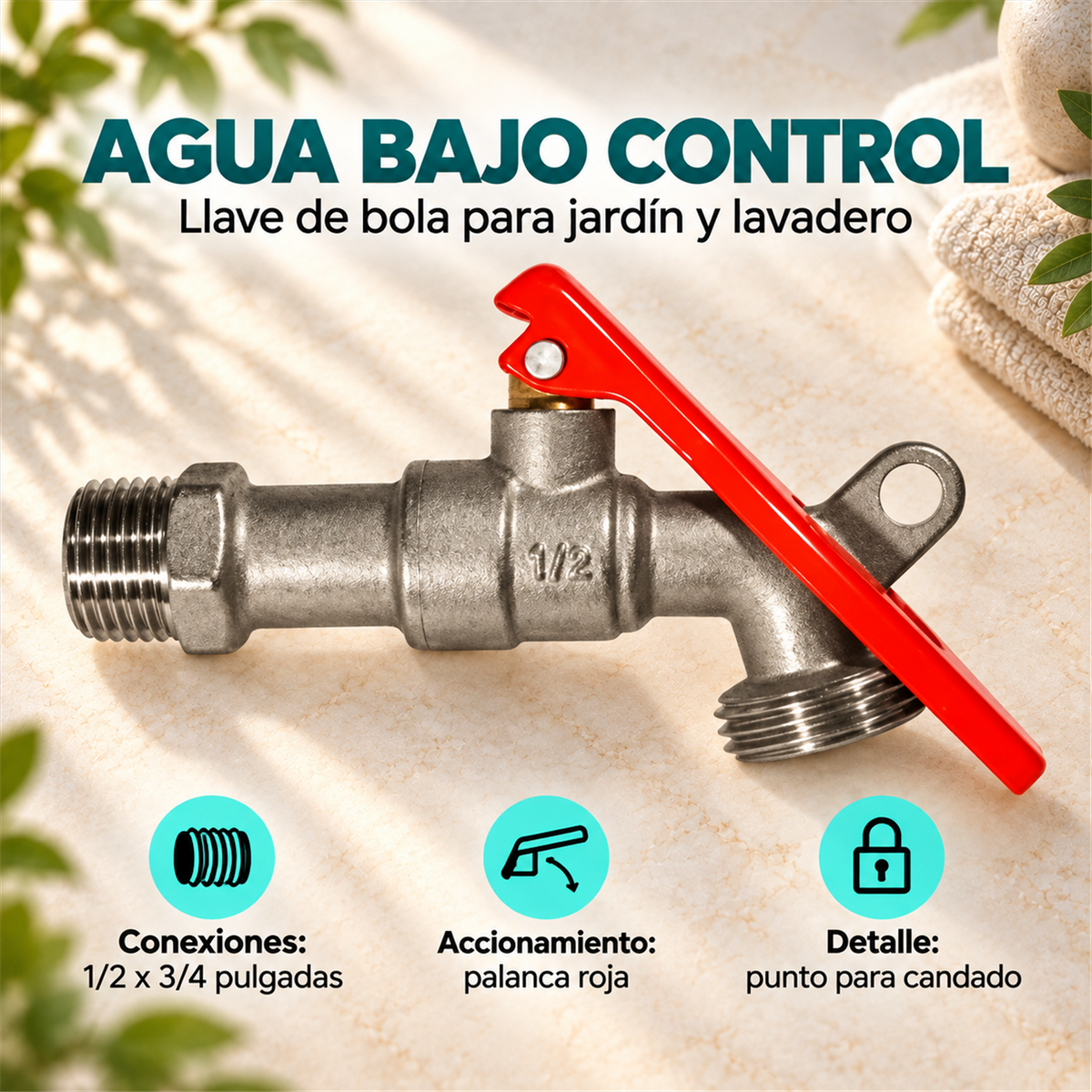 Características de Llave de Bola para Jardín Bloqueable 1/2" x 3/4"