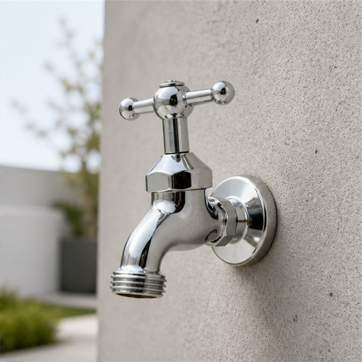 Llave de jardín cromada instalada en un muro exterior desde otra perspectiva